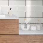 Cosmetics Shelves in Bathroom with Polished White Ceramic Subway Wall