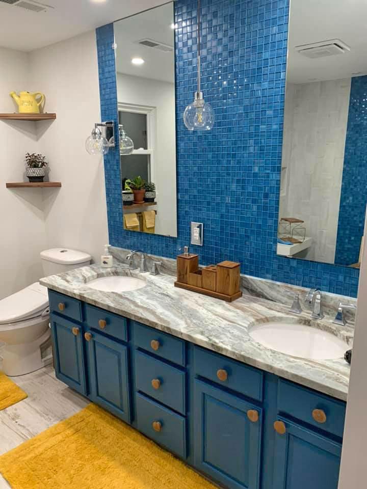 Colorful Bathroom Vanity with Pool Blue Glossy And Frosted Square Mosaic Tile