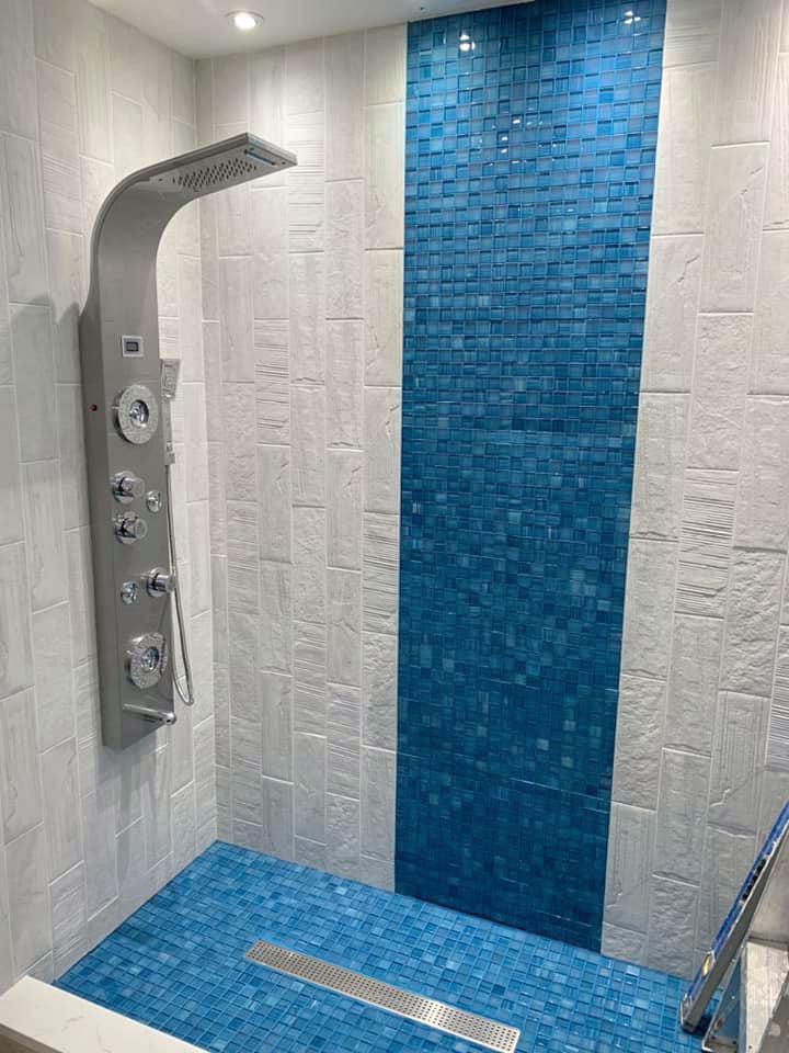 Modern Waterfall Shower with Pool Blue Glossy And Frosted Square Mosaic Tile and Brick Brooklyn Blanco Walls