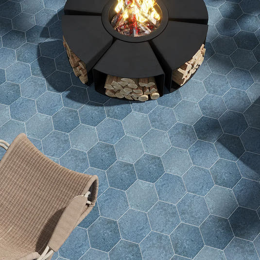 Portuguese Blue Porcelain Hexagon Tile Fire Pit