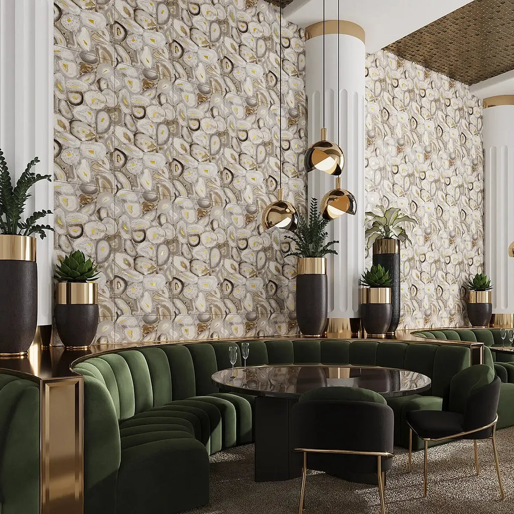 Preciosa Beige Geode and Gold Porcelain Tile | Tile Club