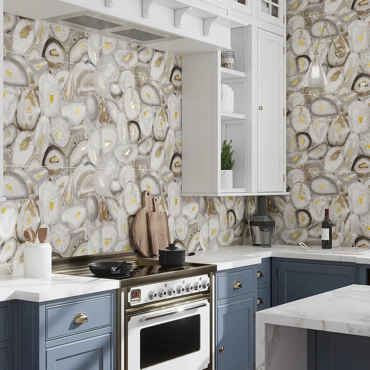 Blue and white kitchen with beige and gold agate slice patterned backsplash