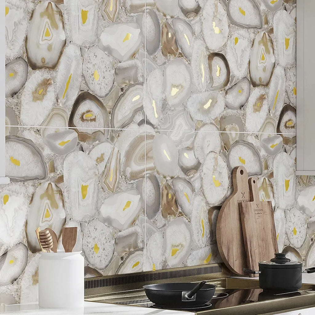 Preciosa Beige Geode and Gold Porcelain Tile Agate Inspired Backsplash