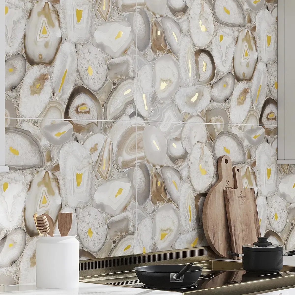 Preciosa Beige Geode and Gold Porcelain Tile Agate Inspired Backsplash