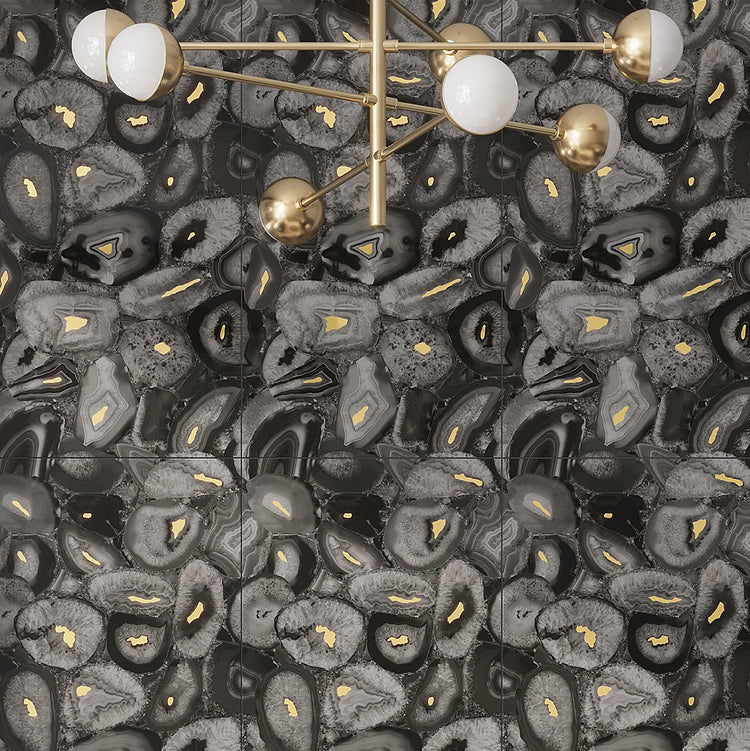 Preciosa Black Geode and Gold Porcelain Tile Fireplace Surround