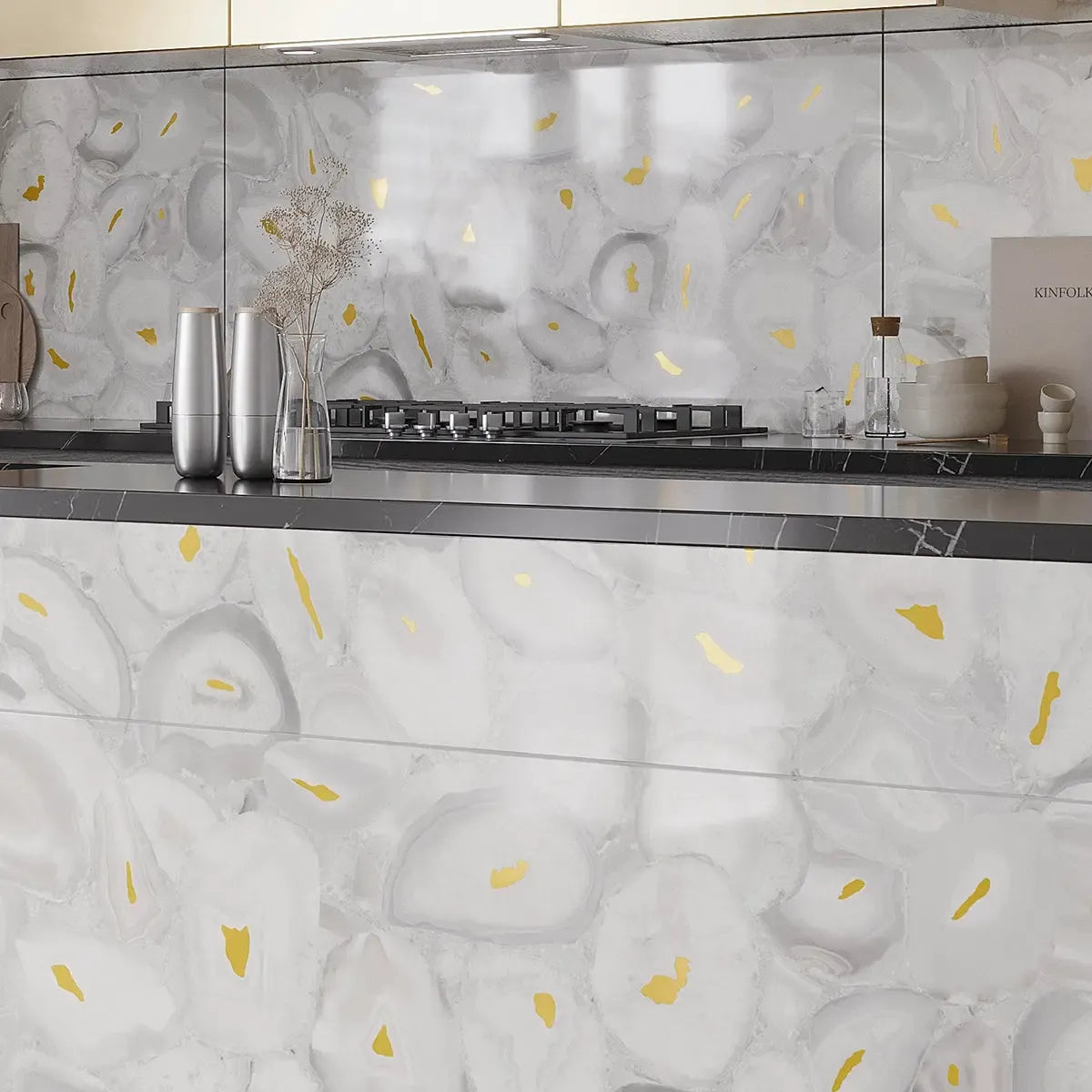 Preciosa White Geode and Gold Porcelain Tile Kitchen Island and Backsplash