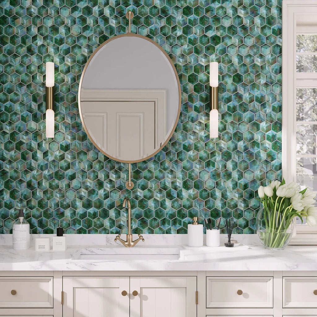 Prism Jade Beveled Hexagon Cast Glass Mosaic Tile | Tile Club
