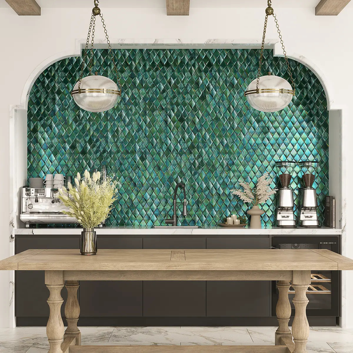 Prism Jade Beveled Diamond Glass Mosaic Tile Hotel Kitchen