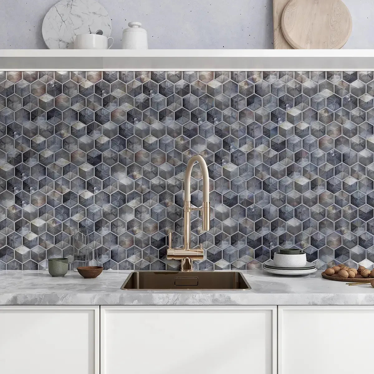 Prism Storm Beveled Hexagon Cast Glass Mosaic Tile | Tile Club