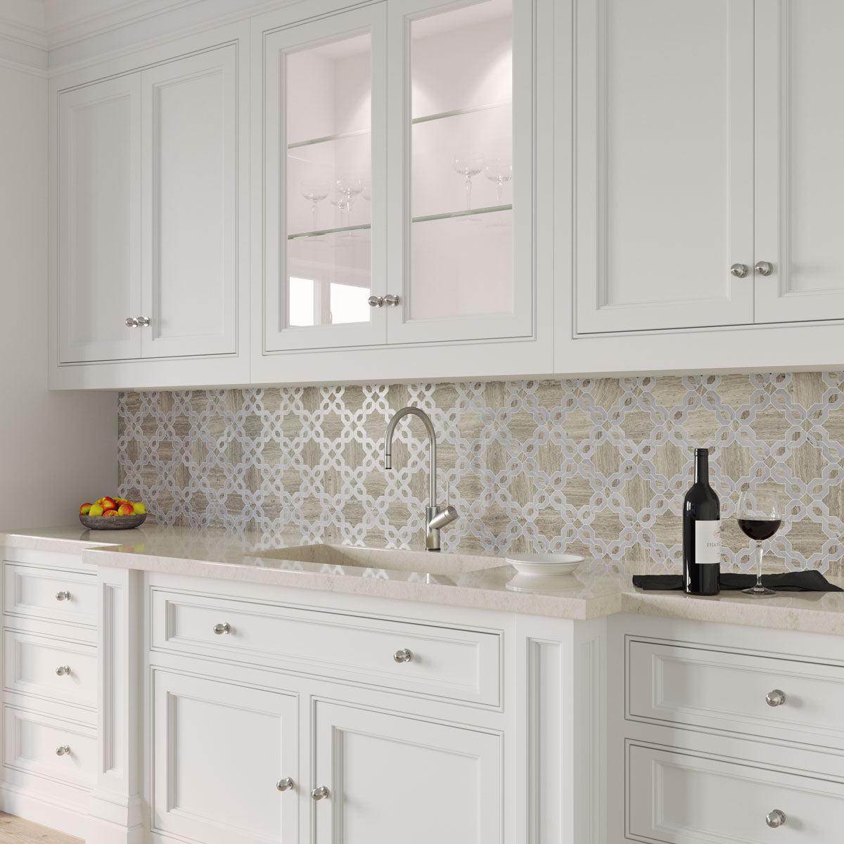 Kitchen Backsplash with Provence Flower Carrara & Wooden Beige Waterjet Mosaic Tile behind the Sink