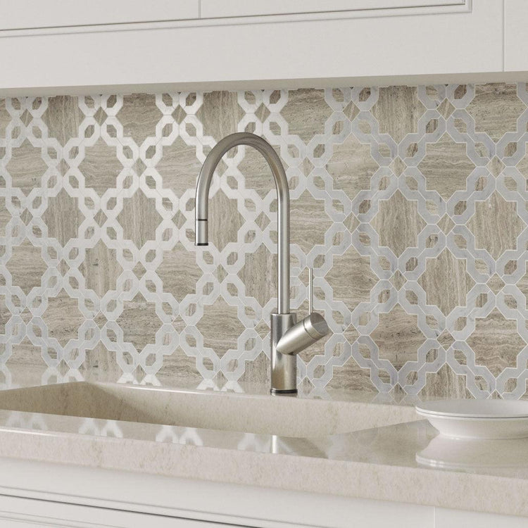Provence Flower Carrara & Wooden Beige Waterjet Mosaic Tile