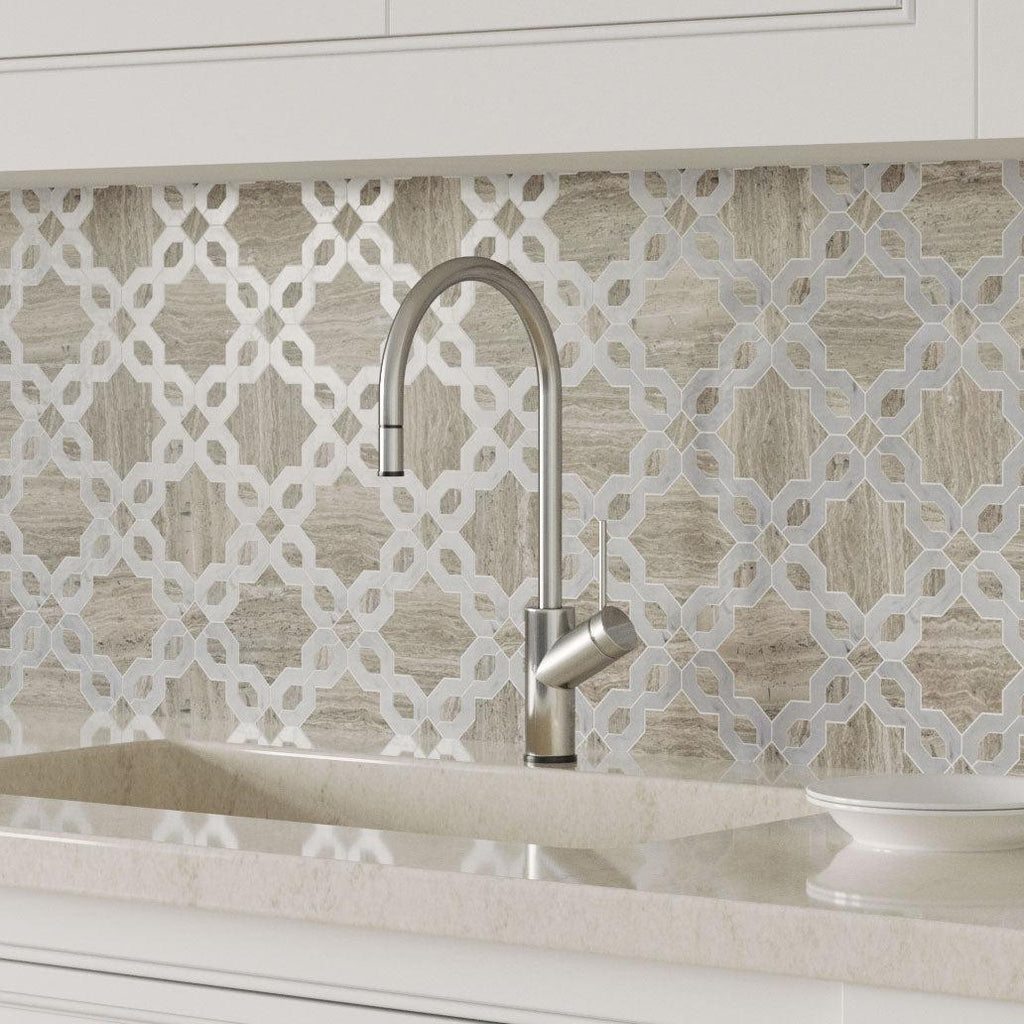 Provence Flower Carrara & Wooden Beige Waterjet Mosaic Tile