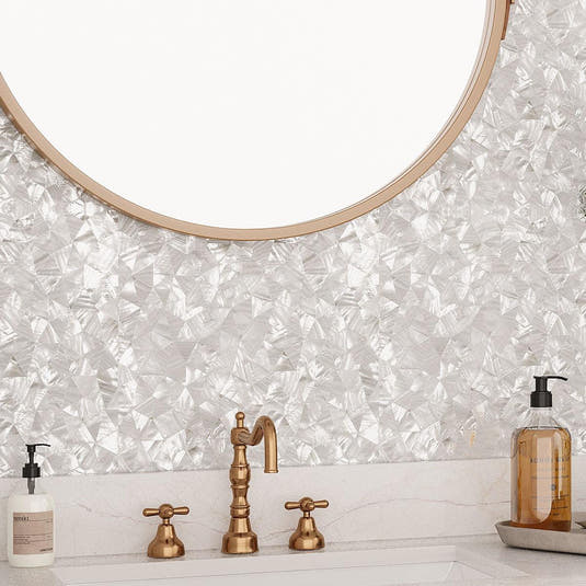 Groutless Pure White Mother of Pearl tile bathroom