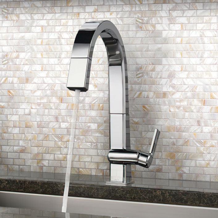 Pure White Mother of Pearl Brick Mosaic Tile Kitchen Wall Close-up
