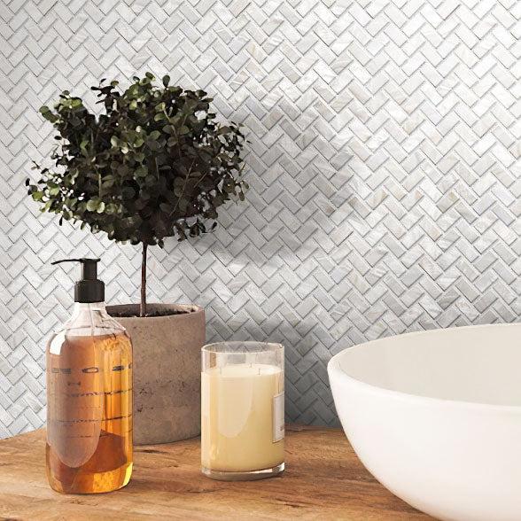 Bathroom Backsplash with Pure White  Mother Of Pearl Herringbone Mosaic Tile 