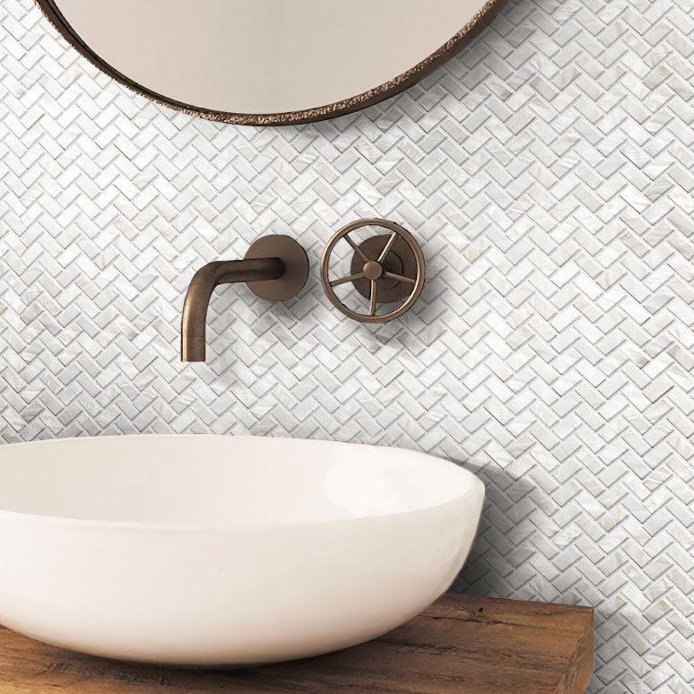 Wood & Iron Bathroom with Pure White  Mother Of Pearl Herringbone Mosaic Tile Backsplash  
