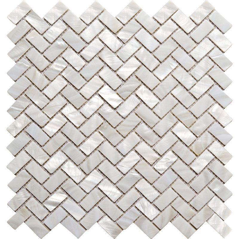 white mother of pearl tile in a herringbone pattern