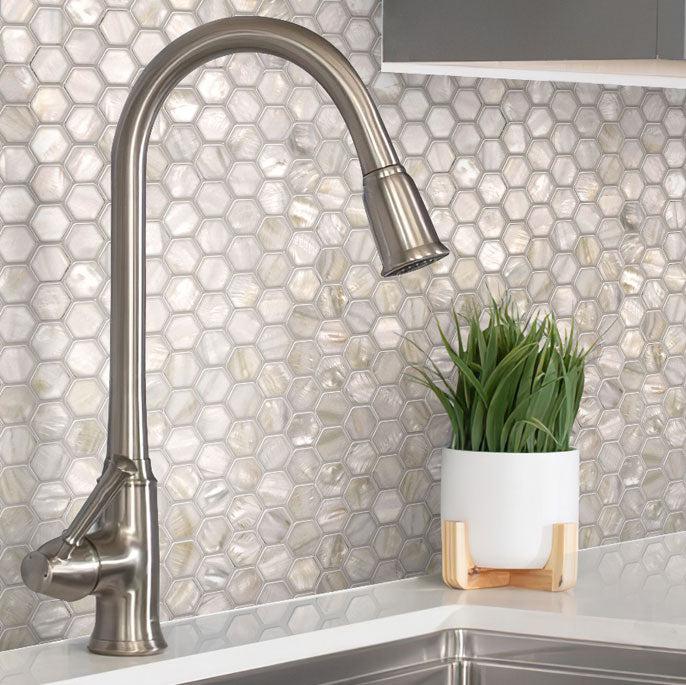 Pure White Mother Of Pearl Hexagon Mosaic Tile Wall Close-up