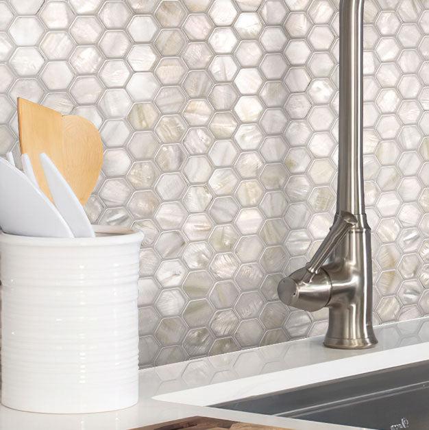 Pure White Mother Of Pearl Hexagon Mosaic Tile Kitchen Backsplash Close-up