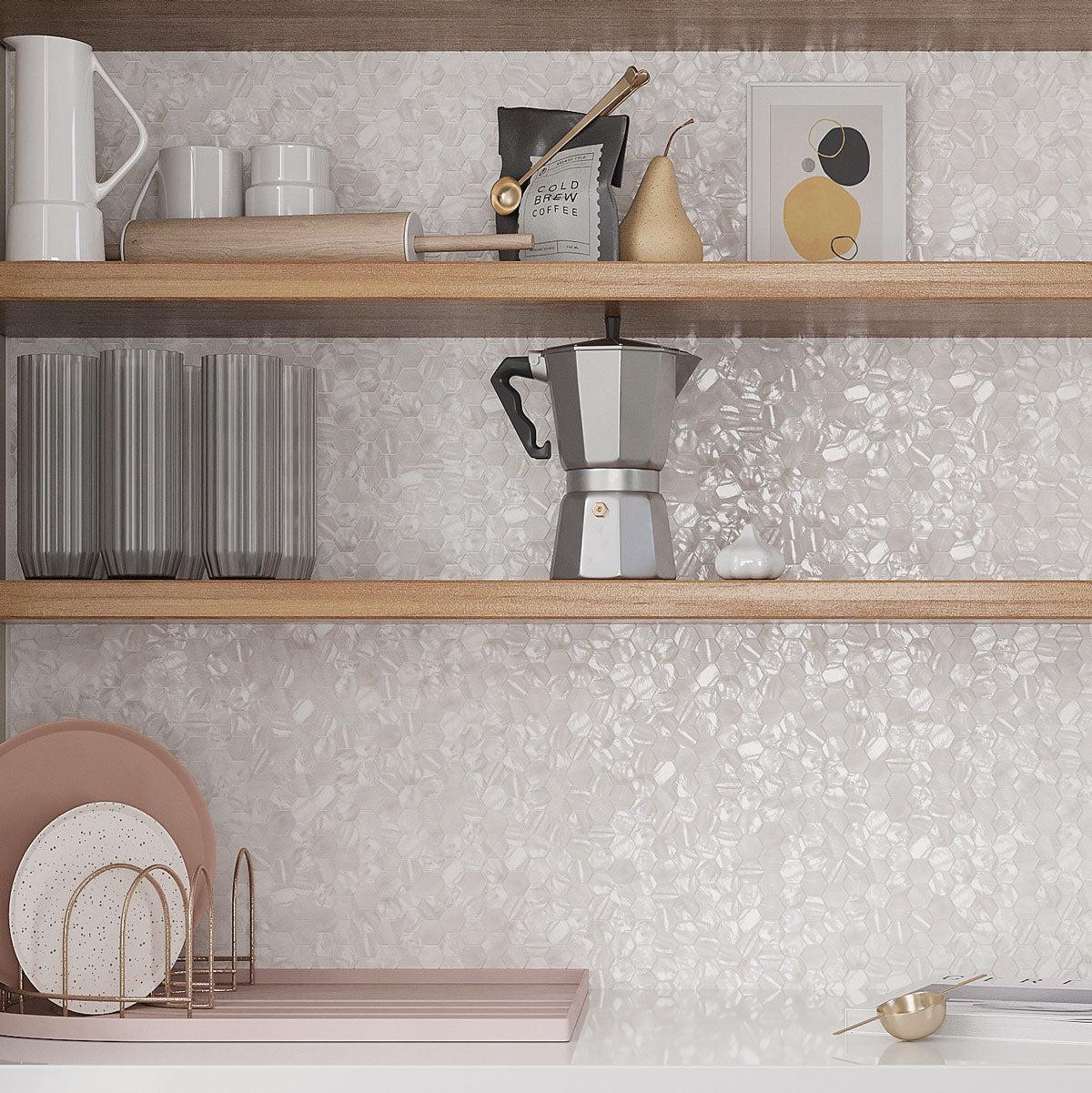 Mother of Pearl Hexagon backsplash tile with  open shelves