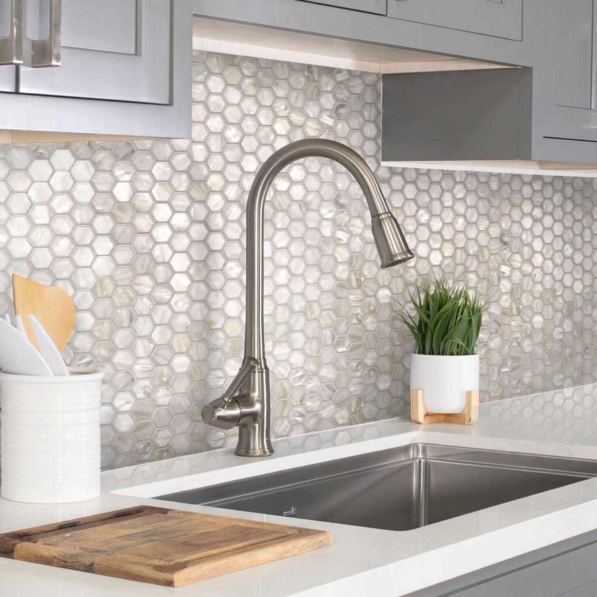 Pure White Mother Of Pearl Hexagon Mosaic Tile Kitchen Backsplash