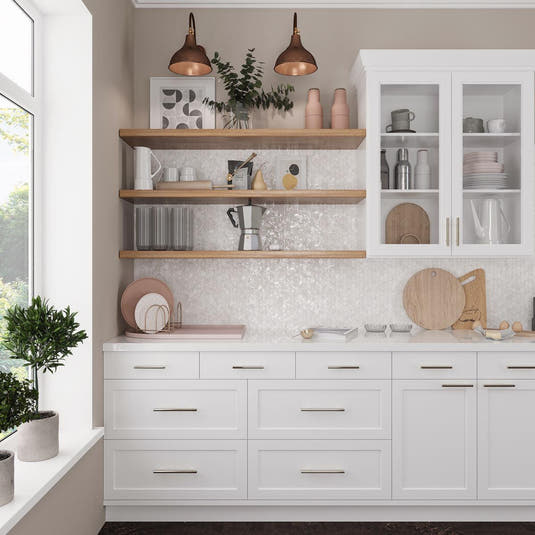 White and wood kitchen wall tile with shell hexagon mosaics