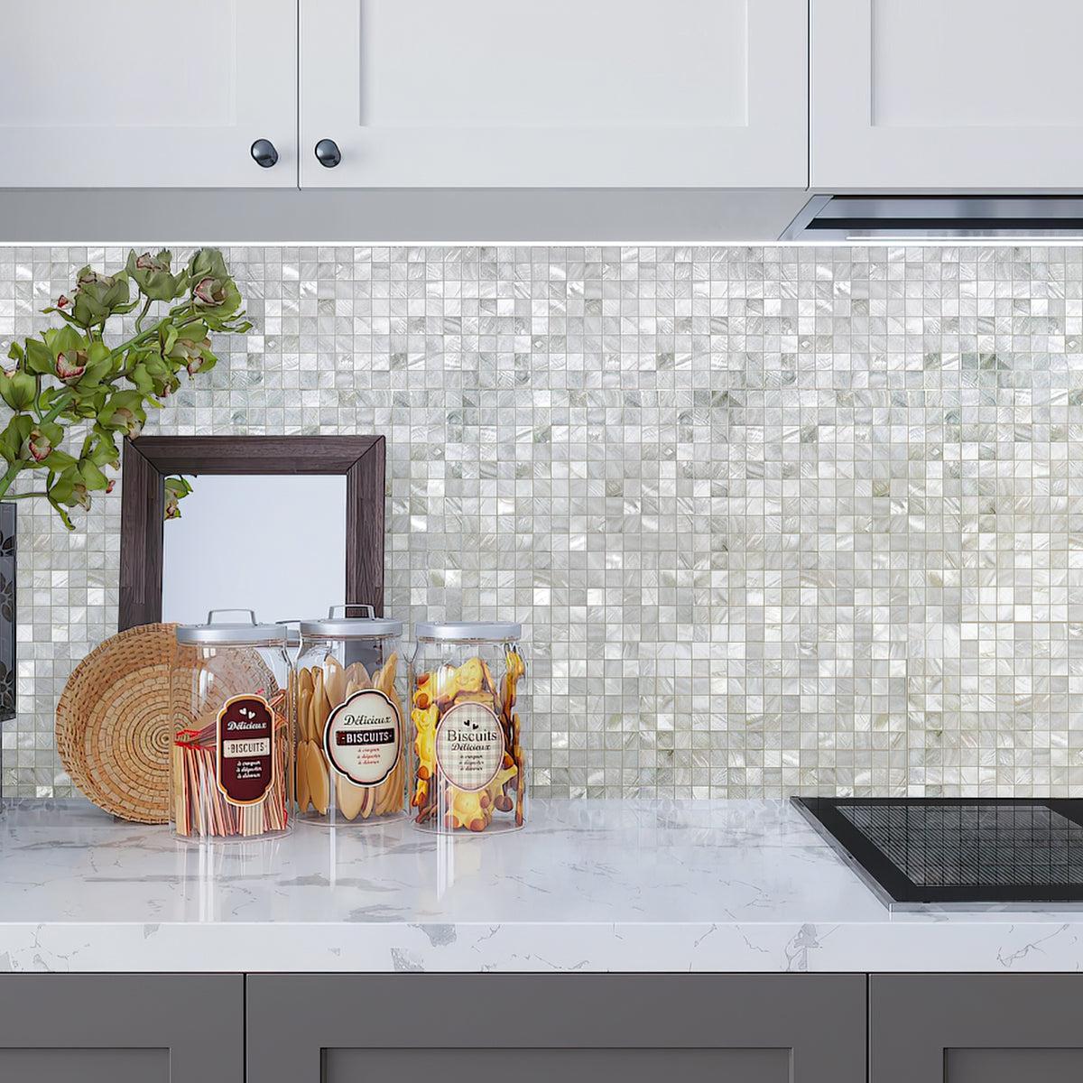 Pure White Mother Of Pearl Tight Joints Square Mosaic Kitchen Backsplash