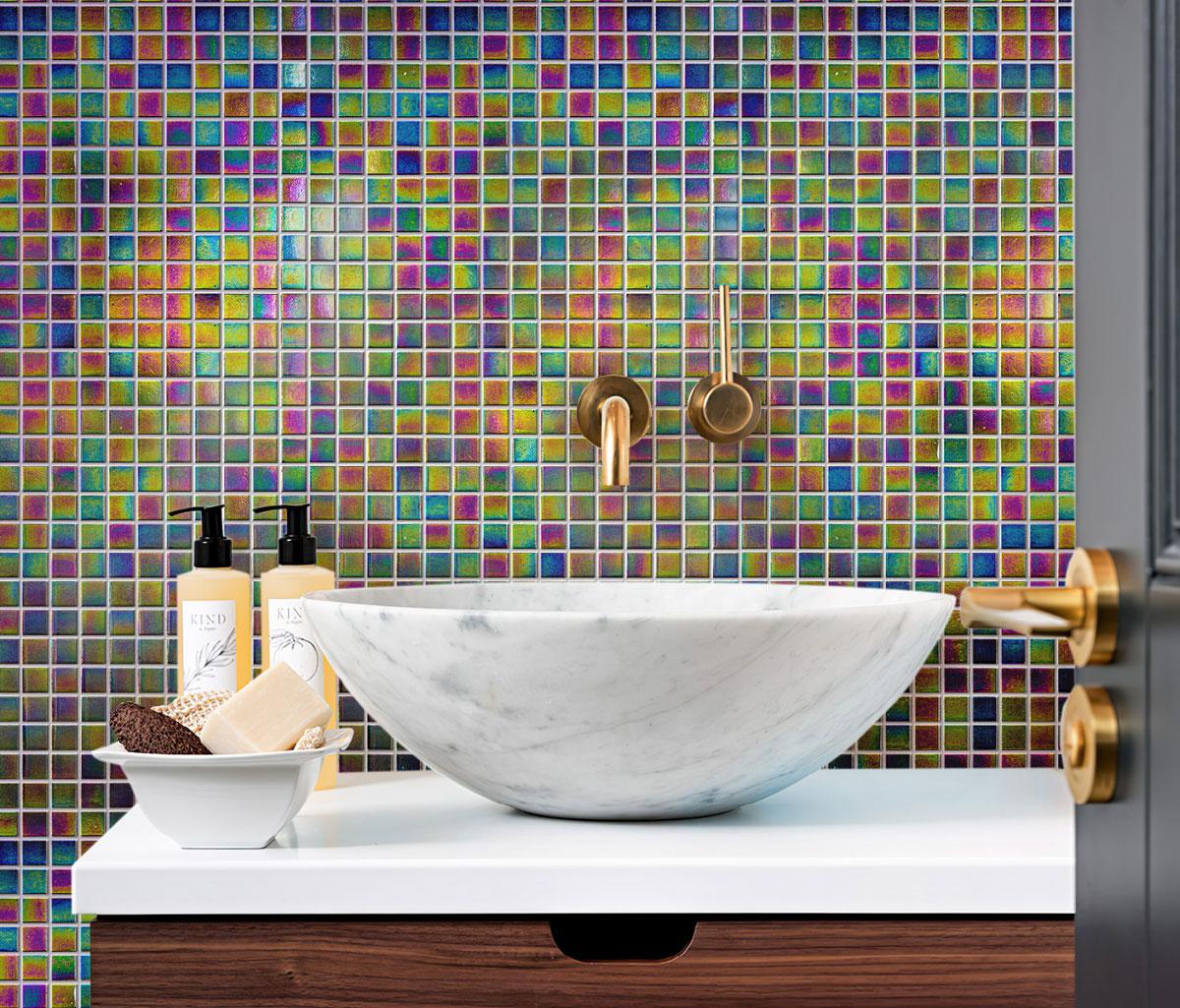 Dark Rainbow Squares Glass Pool Tile Bathroom Backsplash