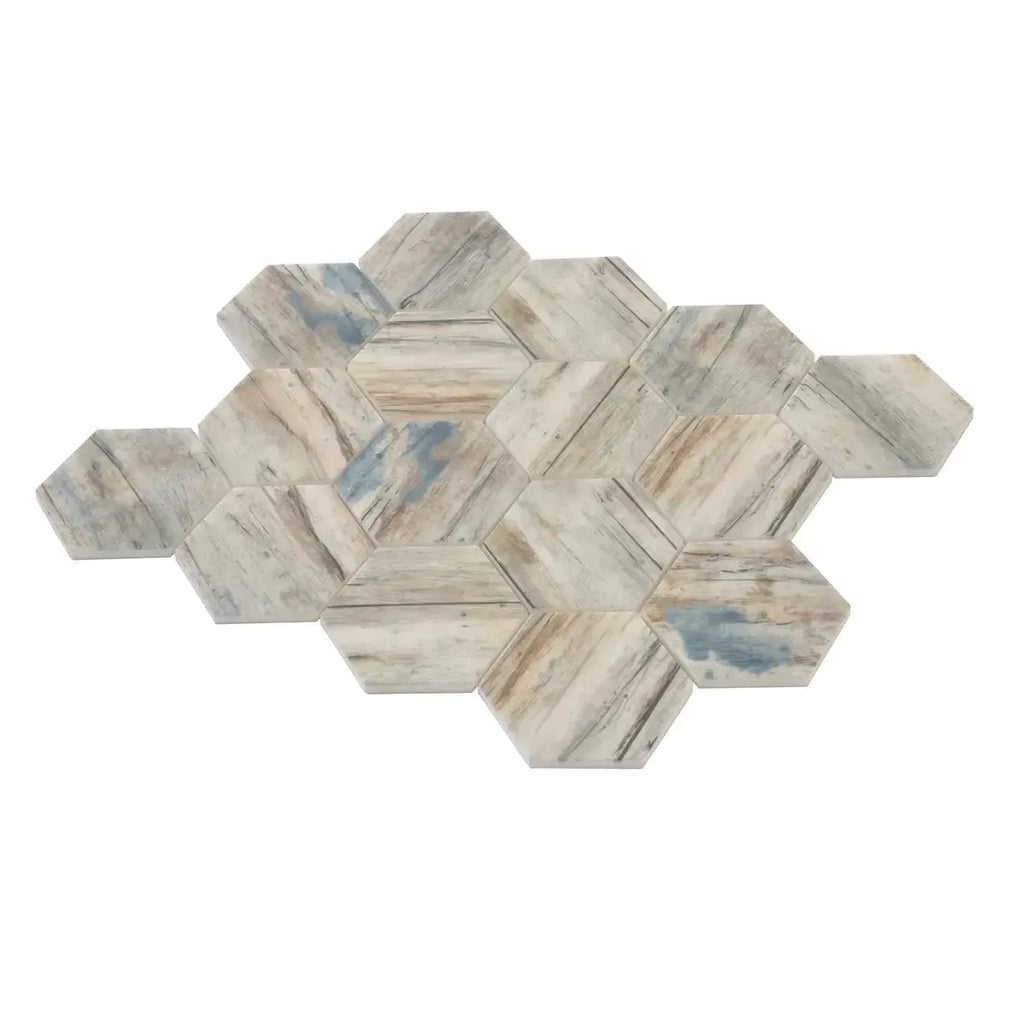 Recycled Glass Hexagon Mosaic In Blue Wood Color | Tile Club