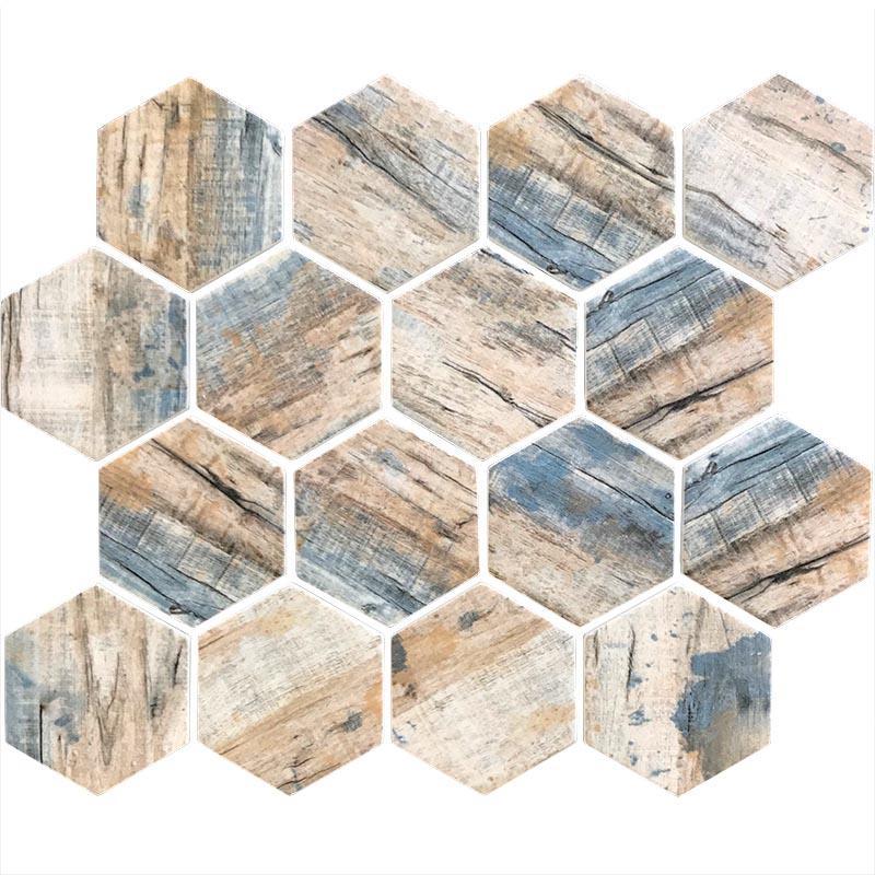 Recycled Glass Hexagon Mosaic In Blue Wood Color | Tile Club