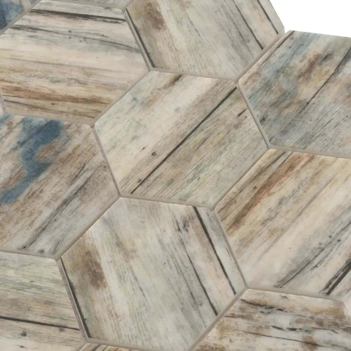 Recycled Glass Hexagon Mosaic In Blue Wood Color | Tile Club