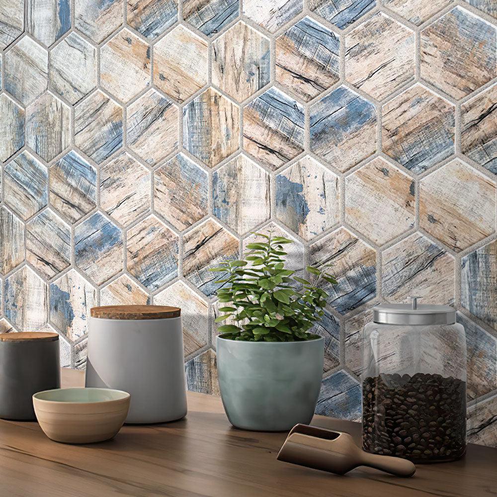 Recycled Glass Hexagon Mosaic In Blue Wood Color | Tile Club