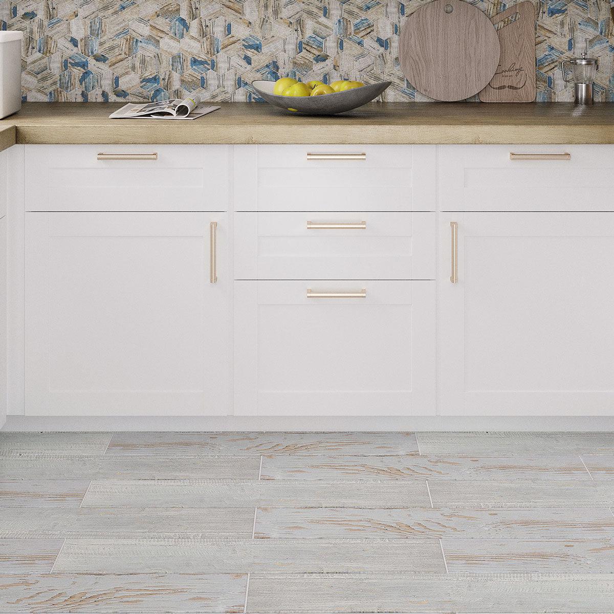 Painted Wood Blue Rustic Farmhouse Floor with Porcelain Tiles