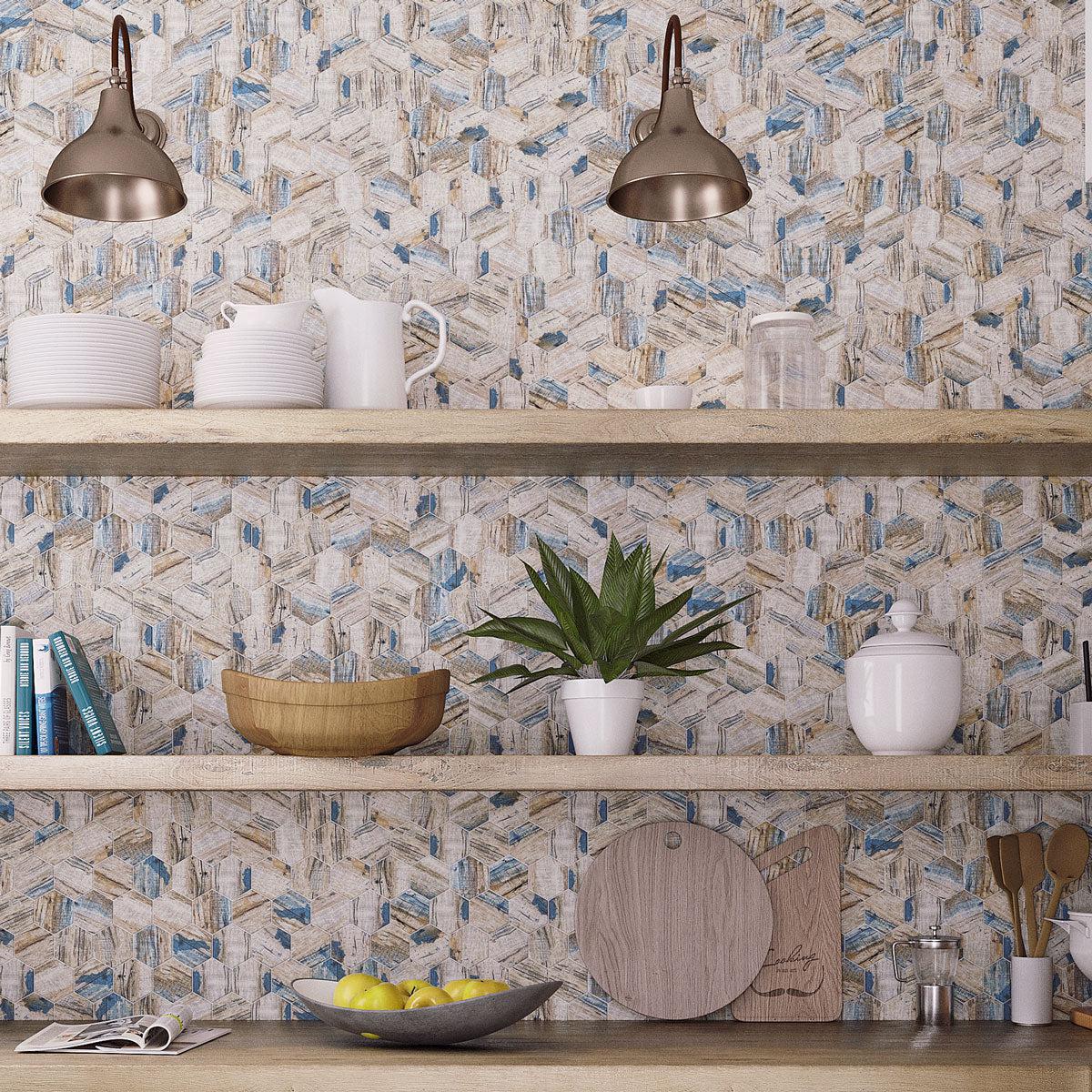 Hexagon mosaic tile backsplash with recycled glass tiles in blue wood color