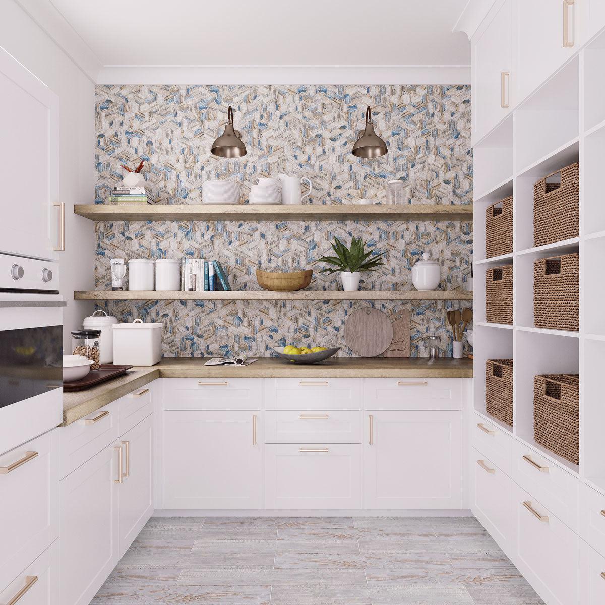 Modern farmhouse kitchen pantry with wood look hexagon tiles in recycled glass