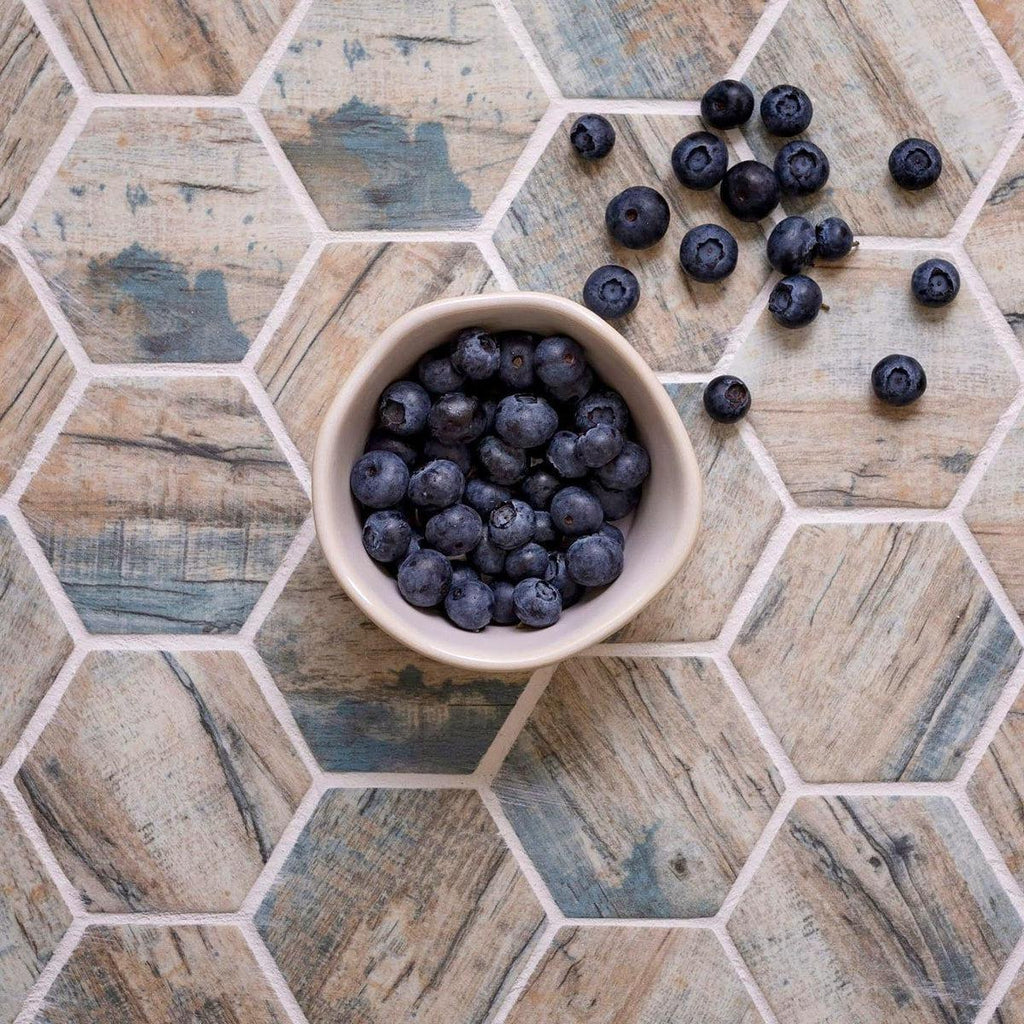 Recycled Glass Hexagon Mosaic In Blue Wood Color