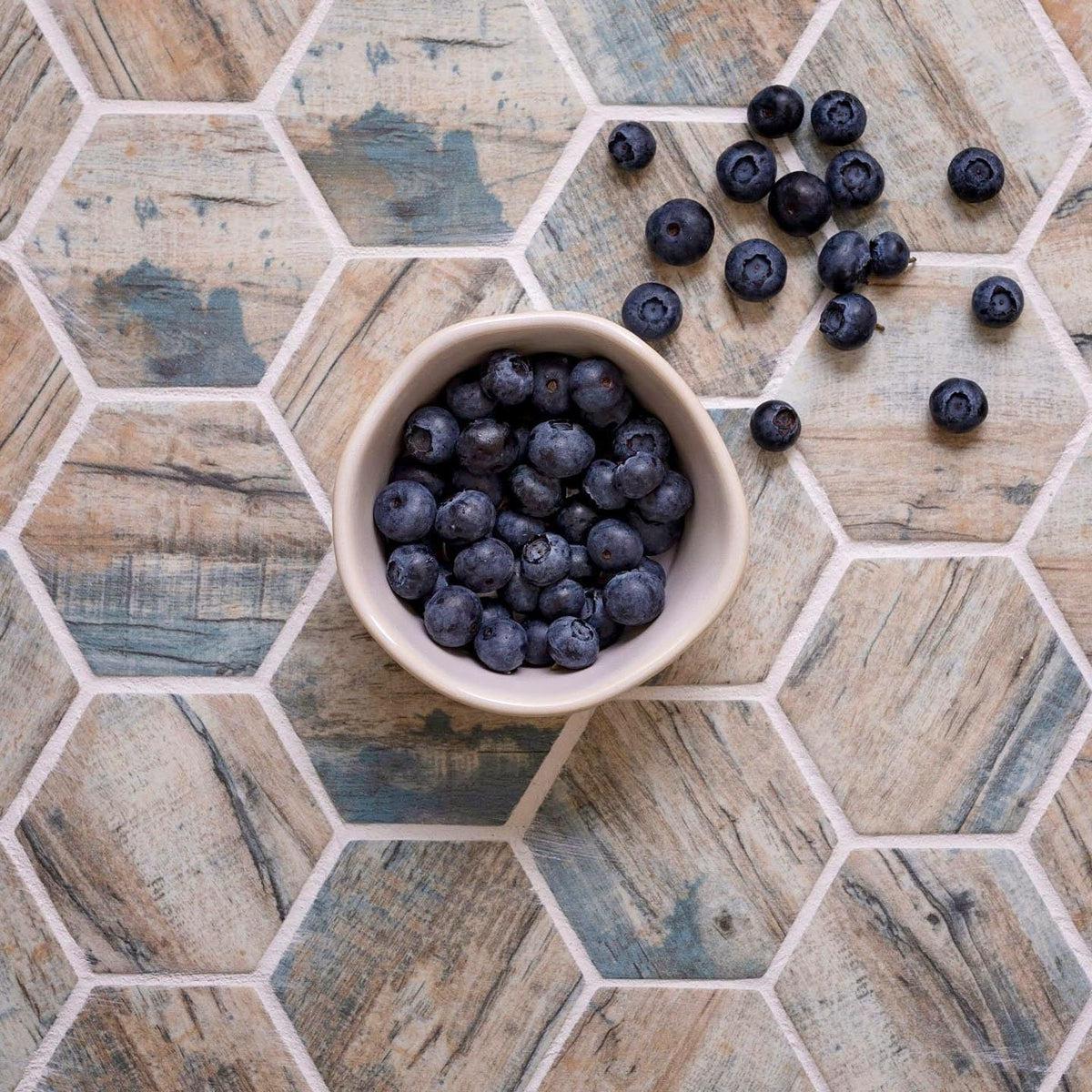 Recycled Glass Hexagon Mosaic In Blue Wood Color