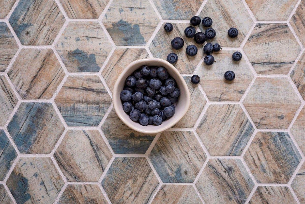 Recycled Glass Hexagon Mosaic In Blue Wood Color | Tile Club
