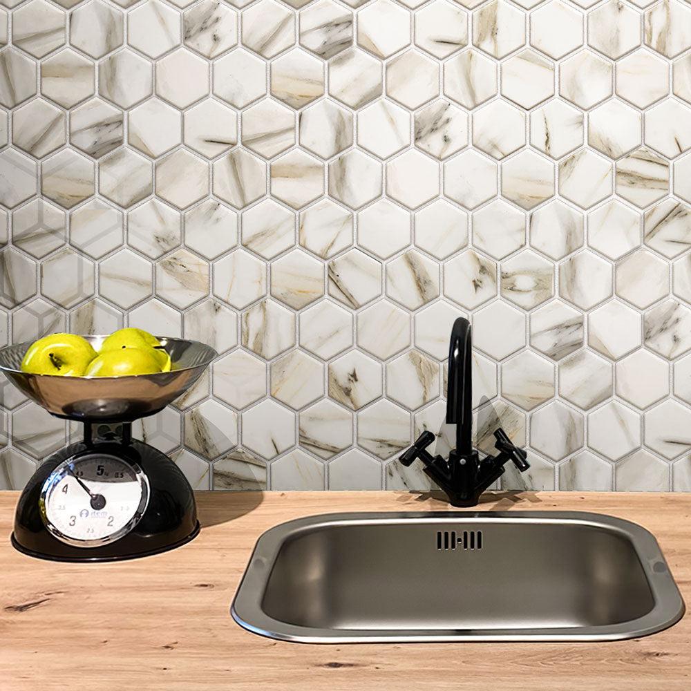 Recycled Glass Hexagon Mosaic In Calacatta Marble Color | Tile Club