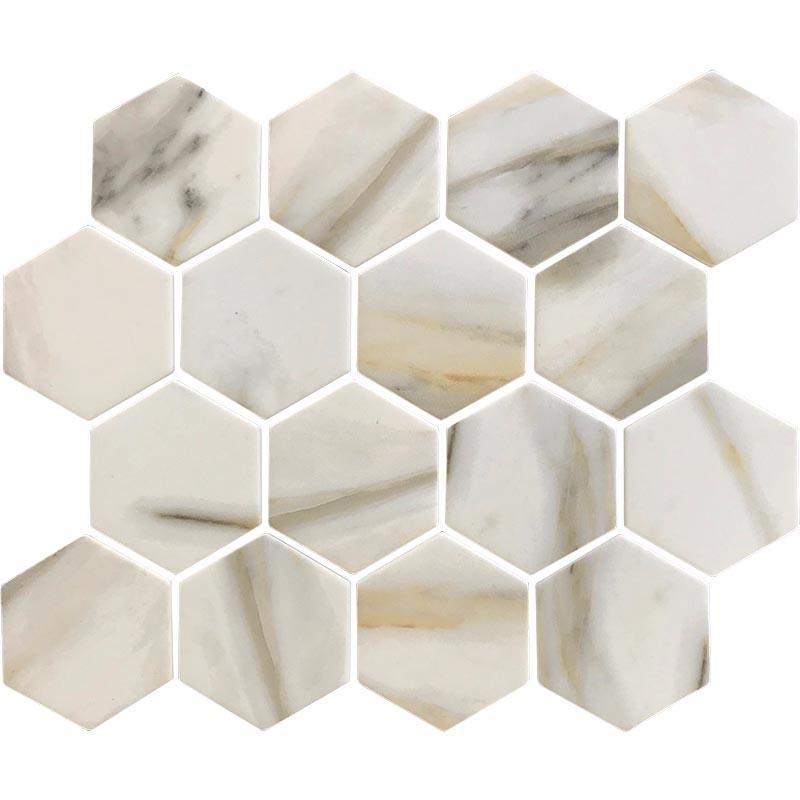 10.2" x 11.7" Recycled Glass Hexagon Mosaic In Calacatta Marble Color