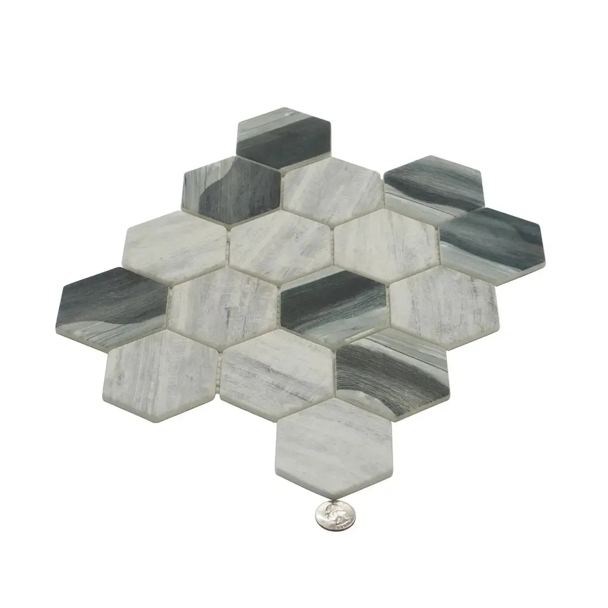 Recycled Glass Hexagon Mosaic In Grey Wood Color | Tile Club