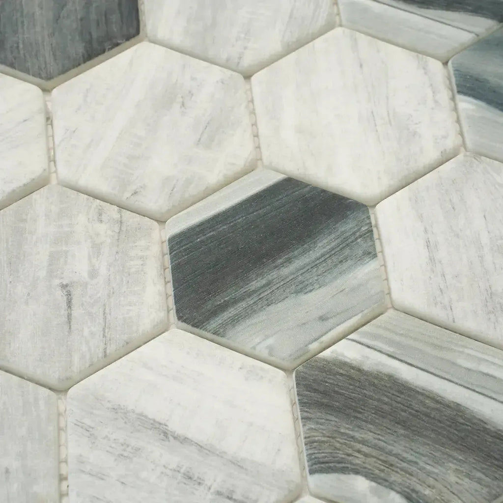 Recycled Glass Hexagon Mosaic In Grey Wood Color | Tile Club