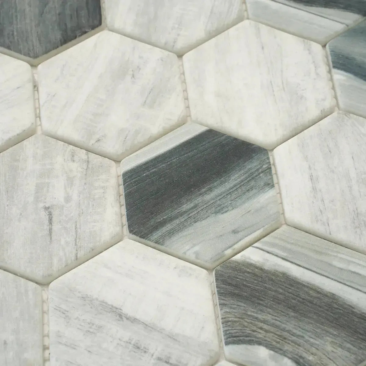 Recycled Glass Hexagon Mosaic In Grey Wood Color | Tile Club