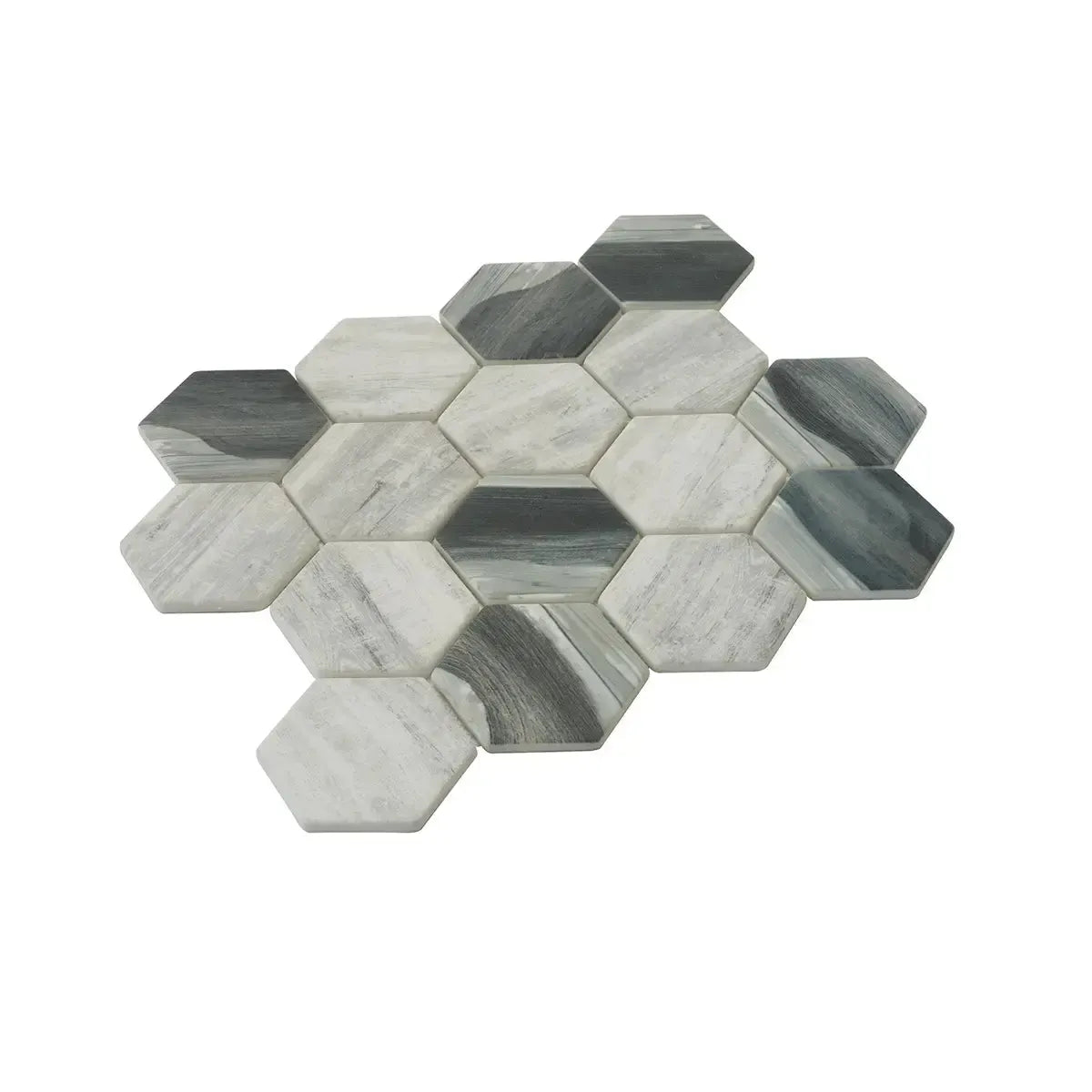 Recycled Glass Hexagon Mosaic In Grey Wood Color | Tile Club