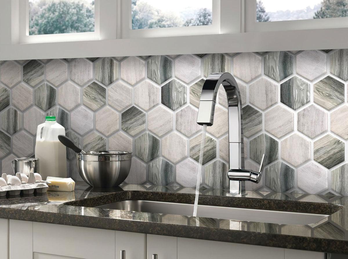 Wood look recycled glass hexagon tile kitchen backsplash