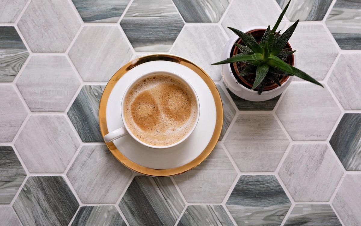 Recycled Glass  Hexagon Mosaic In Grey Wood Color Position: 1