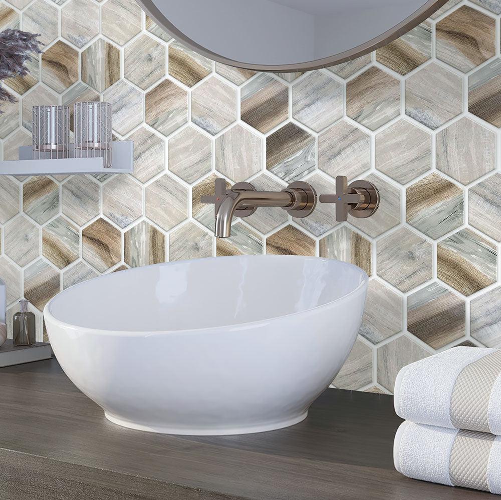 Recycled Glass Hexagon Mosaic In Wood Color | Tile Club