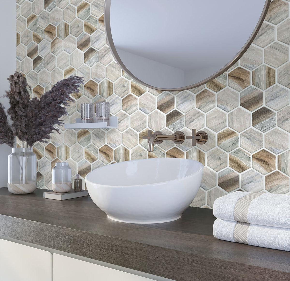 Recycled Glass Hexagon Mosaic In Wood Color bathroom backsplash