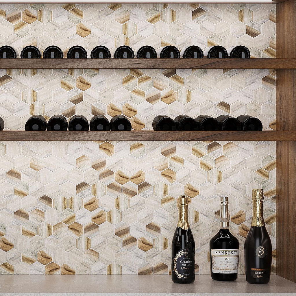 Recycled Glass Hexagon Mosaic In Wood Color | Tile Club
