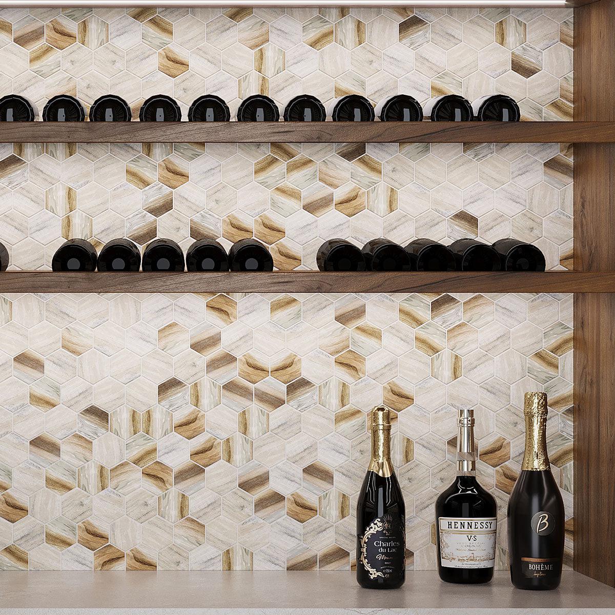 Recycled Glass Hexagon Mosaic In Wood Color | Tile Club